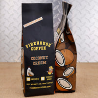 Firehouse Coffee Coconut Cream flavored decaf coffee in a 1 lb bag.

