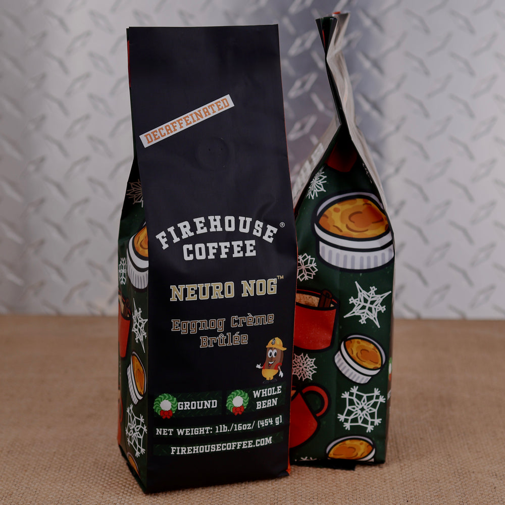 Firehouse Coffee Neuro Nog decaf eggnog crème brûlée flavored coffee in a 1 lb bag with snowflake and dessert illustrations.