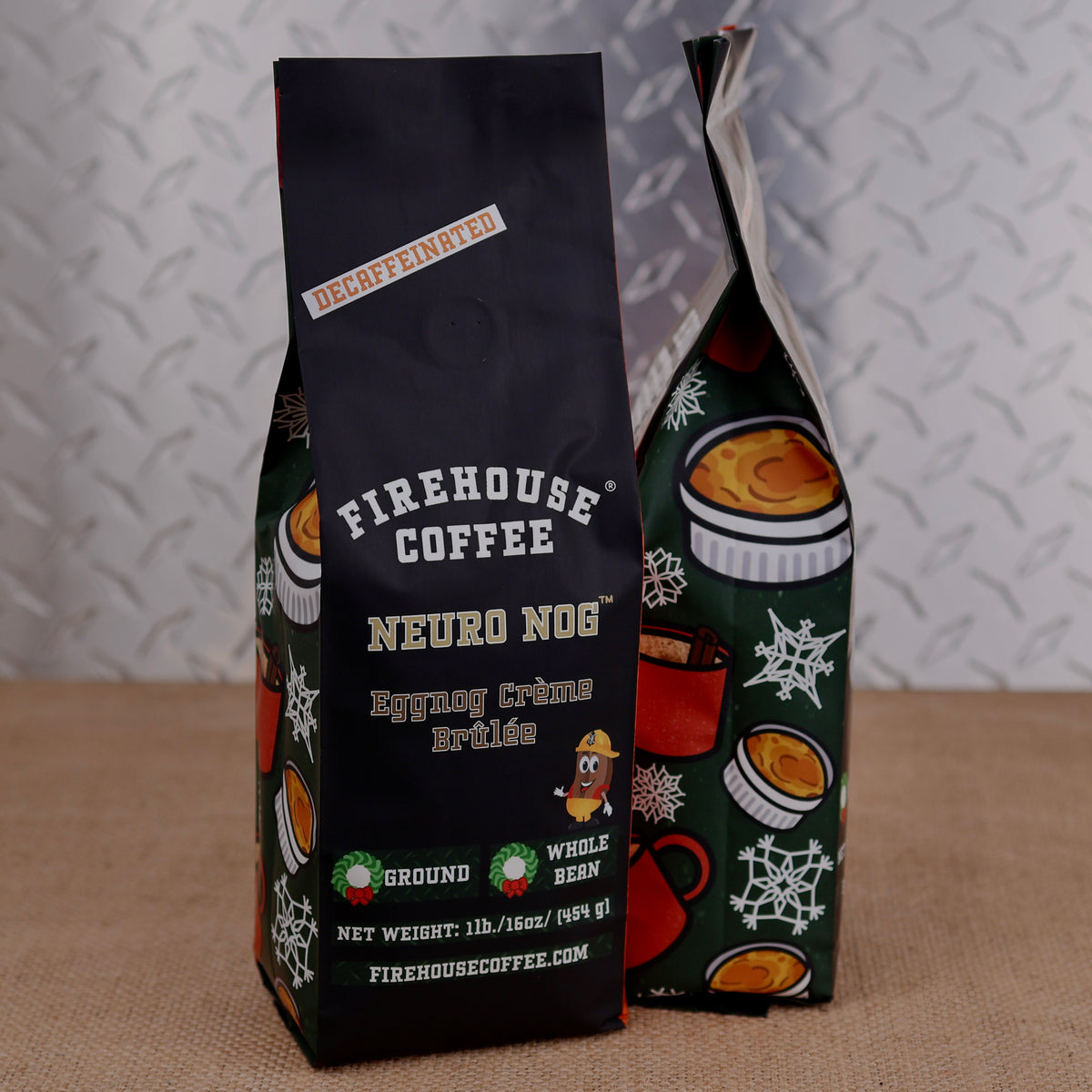Firehouse Coffee Neuro Nog decaf eggnog crème brûlée flavored coffee in a 1 lb bag with snowflake and dessert illustrations.