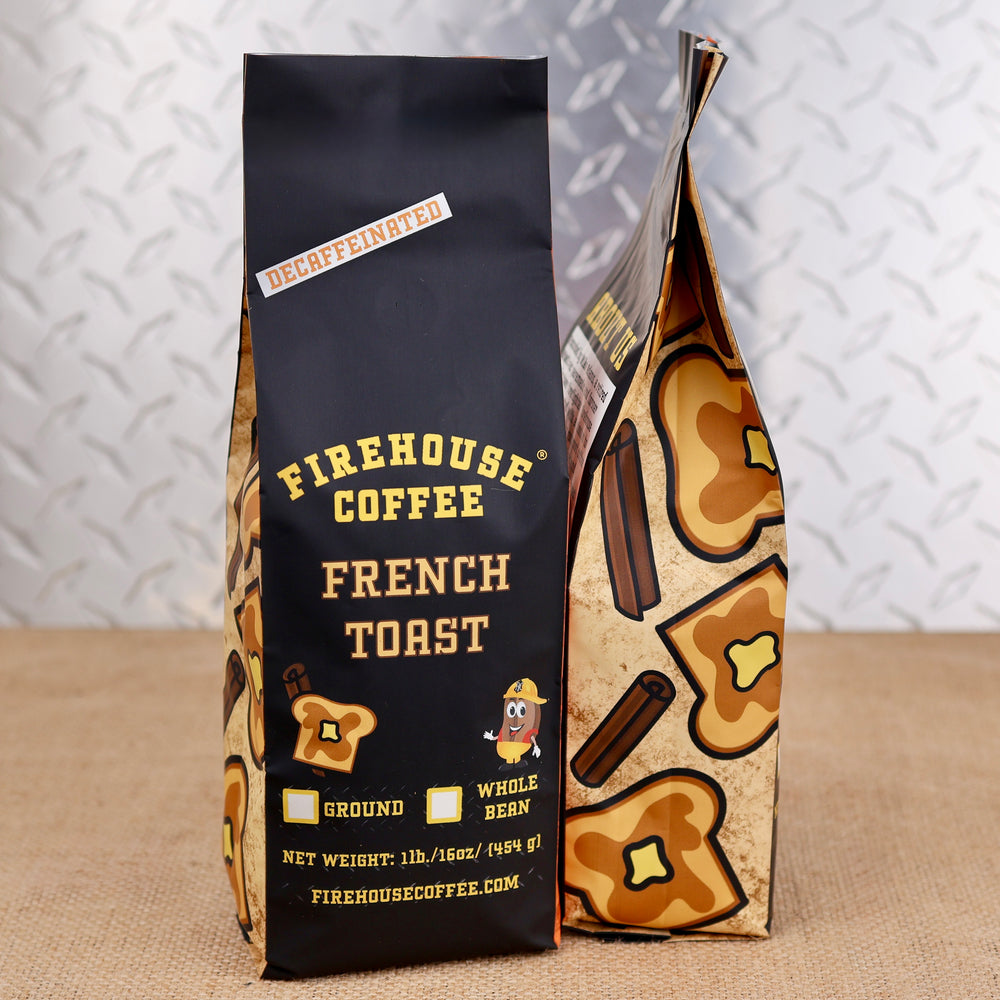 Firehouse Coffee Cinnamon French Toast flavored decaf coffee in a 1 lb bag.