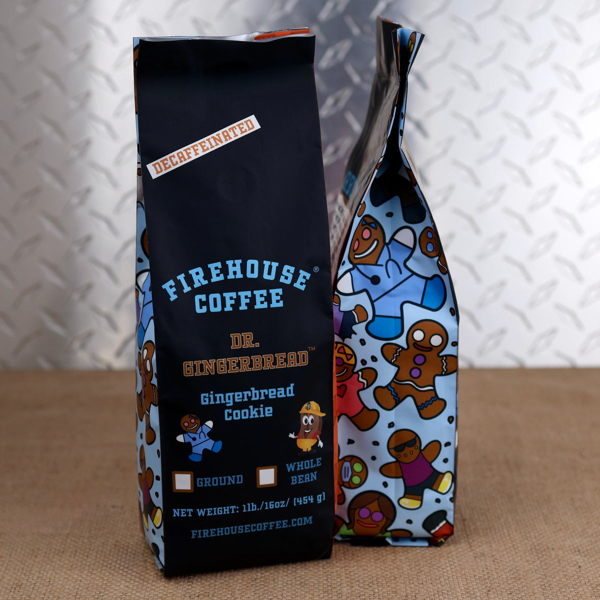 Firehouse Coffee Dr. Gingerbread Gingerbread Cookie Decaffeinated 1lb bag, showing checkboxes for ground or whole bean and side panels with illustrated first responder gingerbread characters.