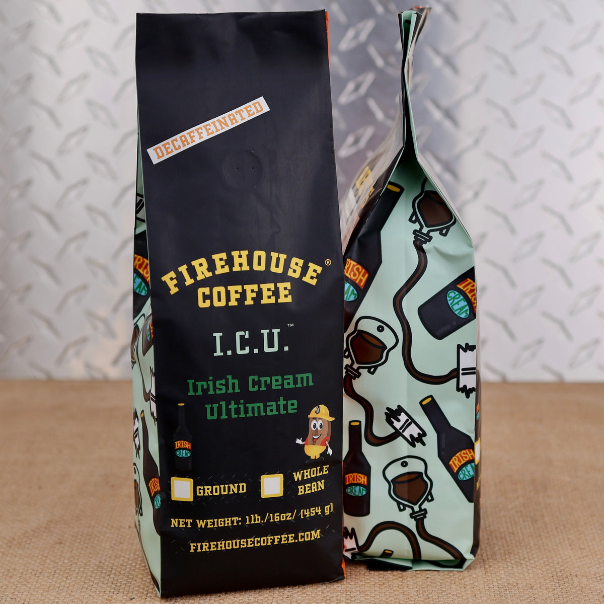 Firehouse Coffee ICU™ Irish Cream Ultimate flavored decaf coffee in a 1 lb bag.