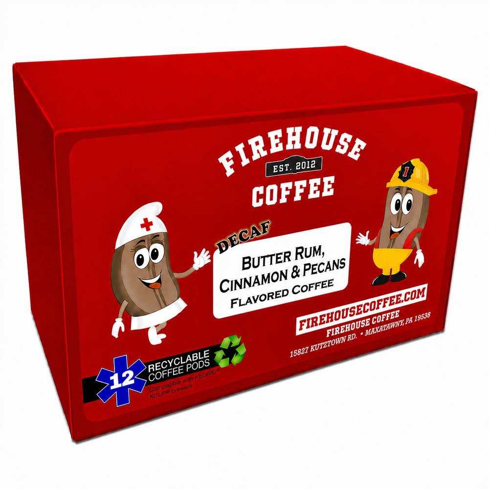 Decaf Java Jazzy™ Flavored Coffee K-Cups® by Firehouse Coffee featuring Swiss Water® decaffeinated Arabica coffee with cinnamon, roasted pecans, chestnuts, and barrel-aged rum flavor in Keurig® compatible single-serve coffee pods.