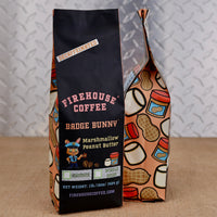 Firehouse Coffee Badge Bunny decaf marshmallow peanut butter flavored coffee in a 1 lb bag with a bunny police officer illustration.