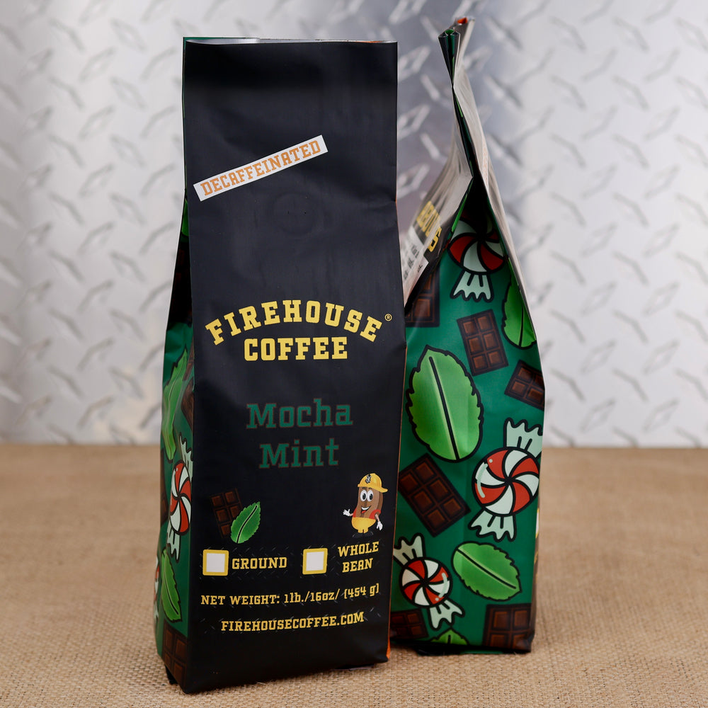 Firehouse Coffee Mocha Mint flavored decaf coffee in a 1 lb bag.