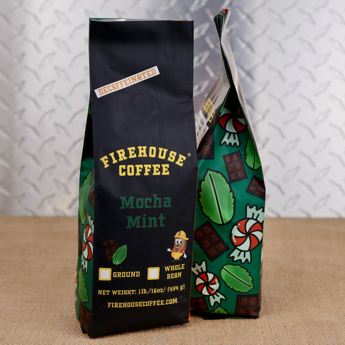 Firehouse Coffee Mocha Mint flavored decaf coffee in a 1 lb bag.
