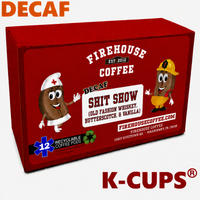 Firehouse Coffee Shit Show flavored coffee in KCups featuring a chaotic first responder-inspired design. This specialty coffee blends the rich flavors of Old Fashioned whiskey, creamy butterscotch, and smooth vanilla, available in whole bean or ground. Bold, dessert-inspired coffee from Firehouse Coffee with emergency services-themed artwork.