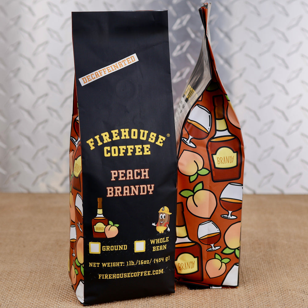 Firehouse Coffee Peach Brandy flavored decaf coffee in a 1 lb bag.
