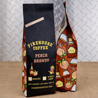 Firehouse Coffee Peach Brandy flavored decaf coffee in a 1 lb bag.