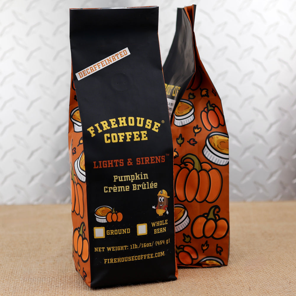 Firehouse Coffee Lights & Sirens decaf pumpkin crème brûlée flavored coffee in 1 lb bags with orange pumpkin artwork