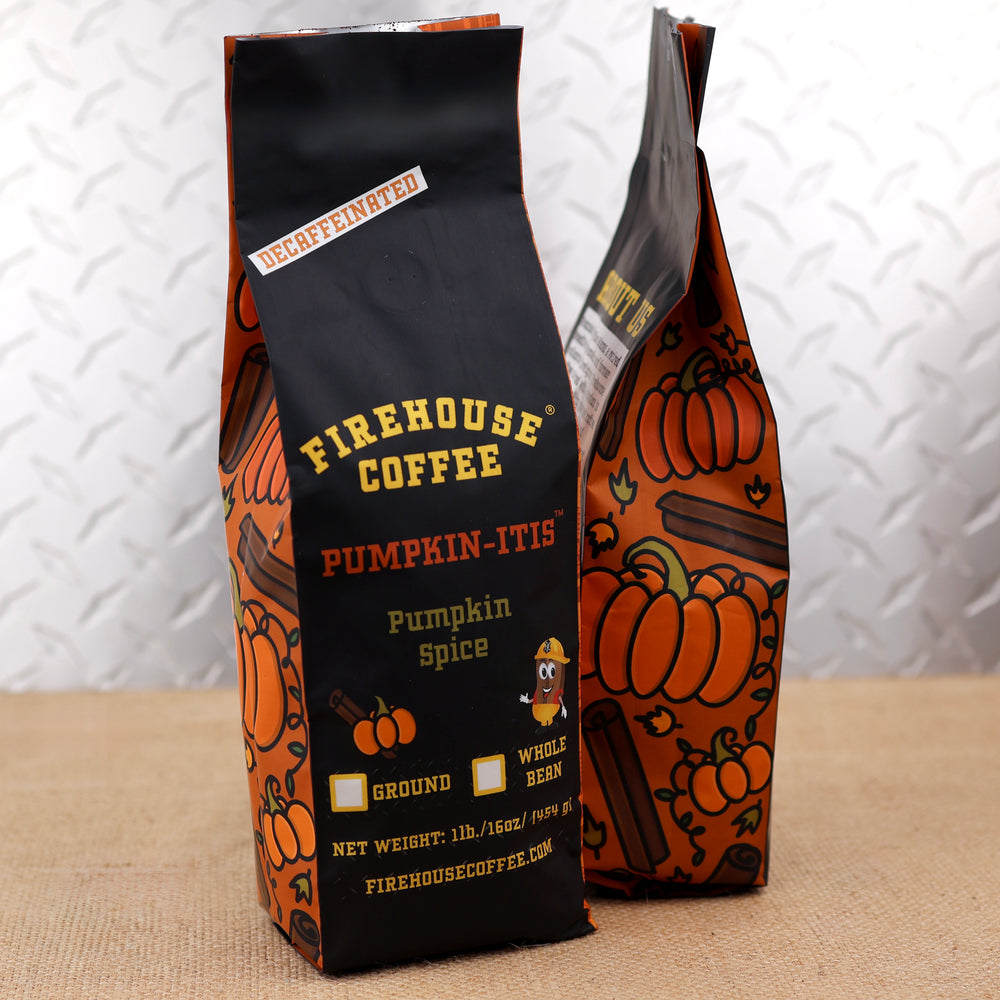 Firehouse Coffee Lights & Sirens decaf pumpkin crème brûlée flavored coffee in 1 lb bags with orange pumpkin artwork