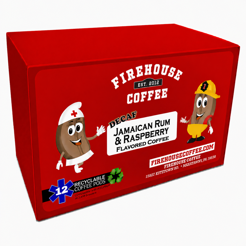 Firehouse Coffee Rescue Rum Decaf Jamaican Dark Rum and Raspberry flavored coffee made with Swiss Water Process decaffeinated Arabica coffee available in whole bean and ground