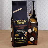 Firehouse Coffee Subcutaneous S’mores decaf flavored coffee in a 1 lb bag with marshmallow, graham cracker, and chocolate illustrations.