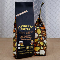 Firehouse Coffee Shit Show decaf coffee in a 1 lb bag, featuring Old Fashioned, vanilla custard, and butterscotch flavors.