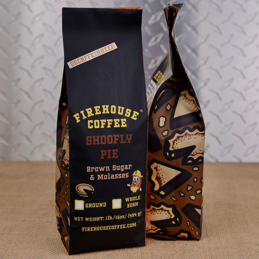 Firehouse Coffee Decaf Shoofly Pie flavored coffee, brown sugar and molasses flavor, in a 1 lb bag with pie illustrations.