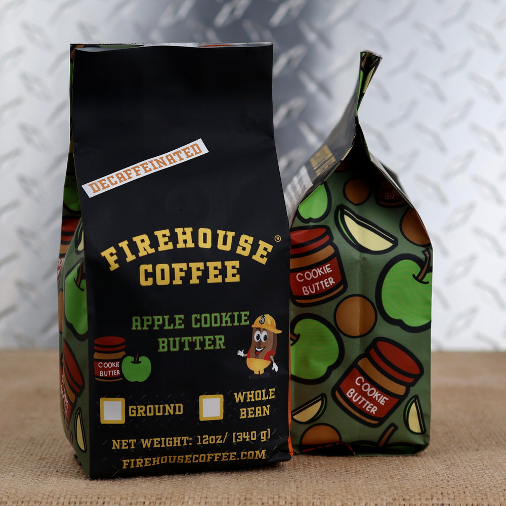 12 oz bag of Firehouse Coffee Apple Cookie Butter Decaf flavored coffee with premium Swiss Water Process decaffeinated beans. Delicious apple, warm spices, and creamy cookie butter flavor available as whole bean or ground coffee.