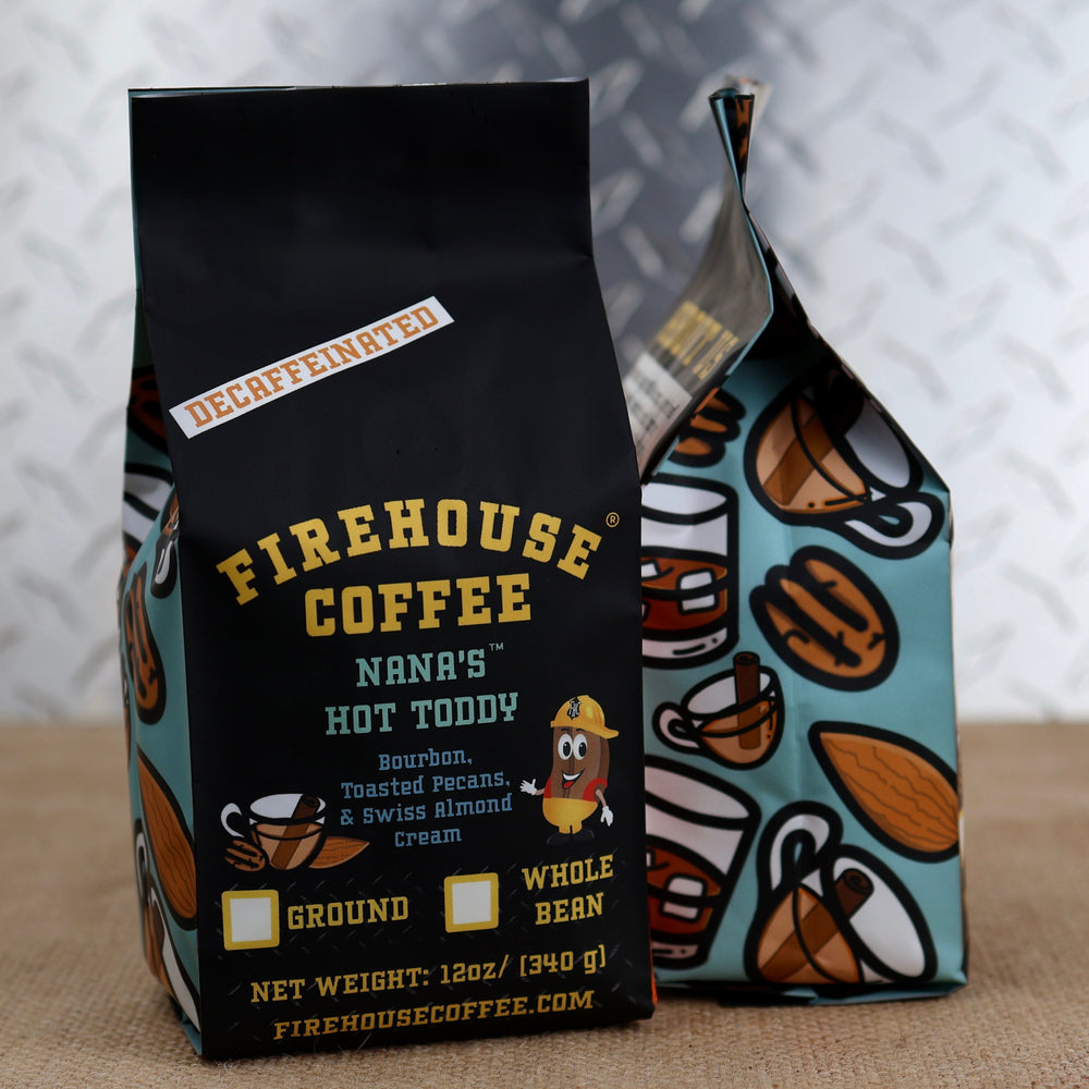 12 oz Firehouse Coffee Decaf Nana's Hot Toddy flavored coffee with bourbon, toasted pecans and Swiss almond cream, premium Swiss Water Process decaf coffee in whole bean or ground.