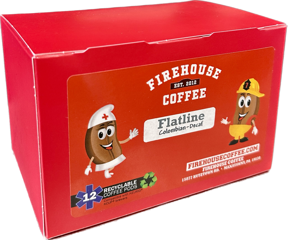 Firehouse Coffee Flatline™ Colombian Decaf Coffee K-Cups made with Swiss Water® Process decaffeinated Colombian Arabica coffee in 12 recyclable single-serve pods with smooth medium roast flavor.