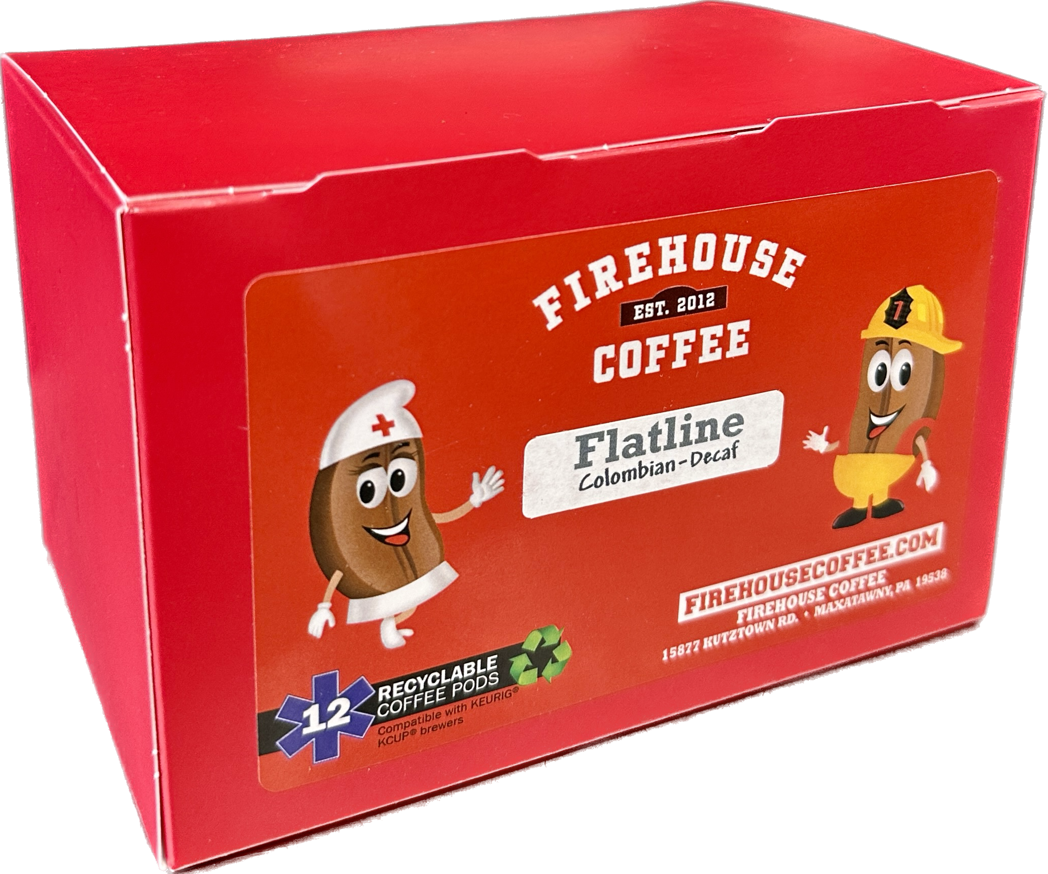 Firehouse Coffee Flatline™ Colombian Decaf Coffee K-Cups made with Swiss Water® Process decaffeinated Colombian Arabica coffee in 12 recyclable single-serve pods with smooth medium roast flavor.