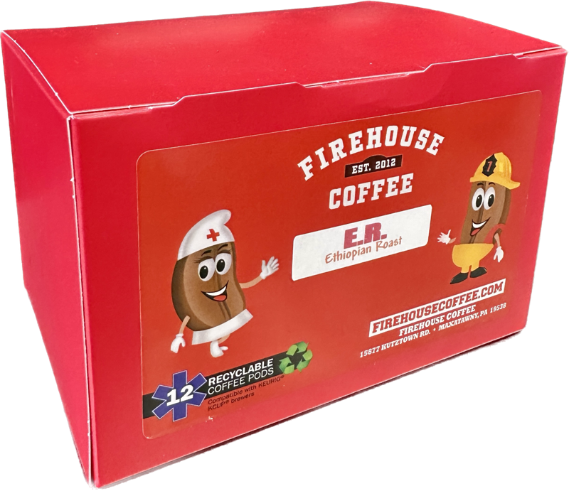 ER Ethiopian Medium Roast 12-count K-Cups by Firehouse Coffee featuring premium Ethiopian Arabica coffee pods inspired by Emergency Room professionals with emergency-themed artwork