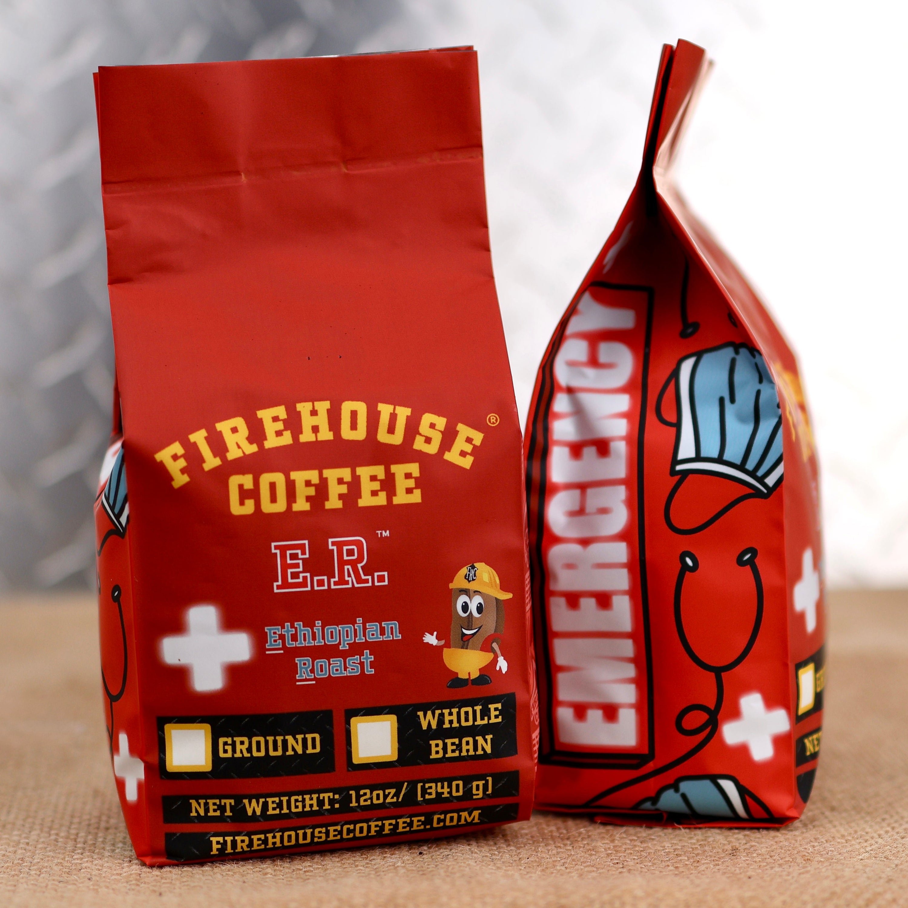 Firehouse Coffee E.R. Ethiopian Roast coffee bag with face mask and emergency room design, featuring premium Ethiopian coffee available in whole bean or ground.