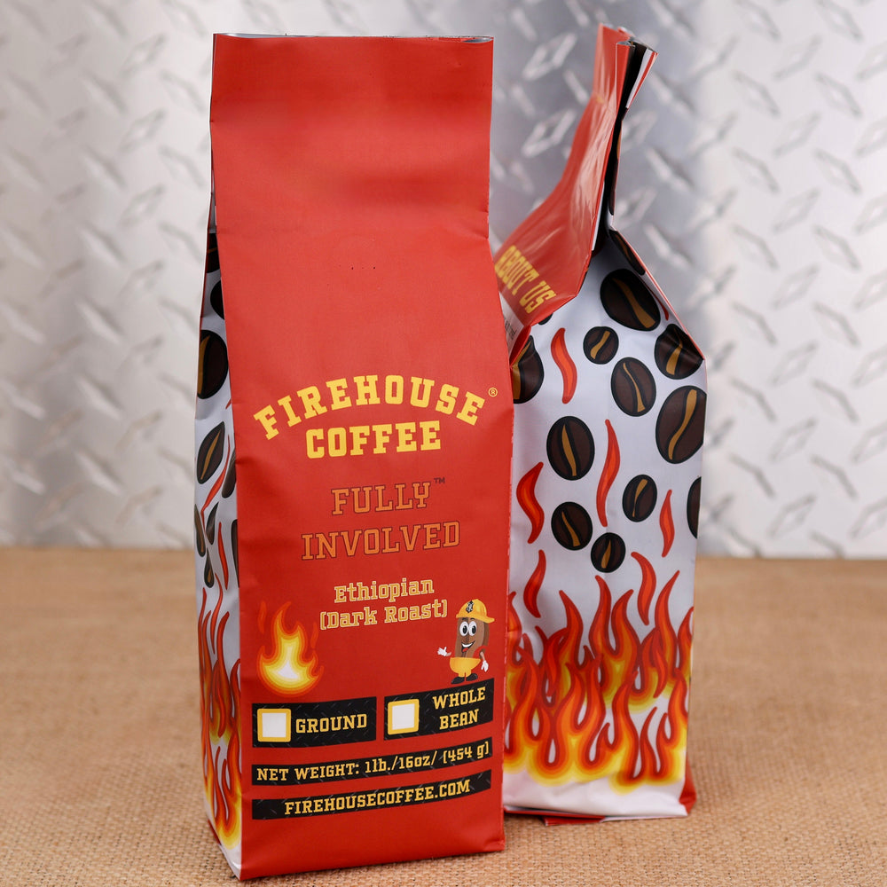 Firehouse Coffee Fully Involved Ethiopian Dark Roast 1 lb coffee bag featuring bold red firefighter-themed packaging with flames, coffee beans, and firehouse-inspired artwork.