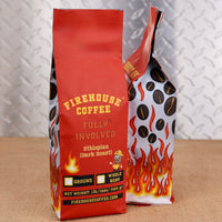 Firehouse Coffee Fully Involved Ethiopian Dark Roast 1 lb coffee bag featuring bold red firefighter-themed packaging with flames, coffee beans, and firehouse-inspired artwork.