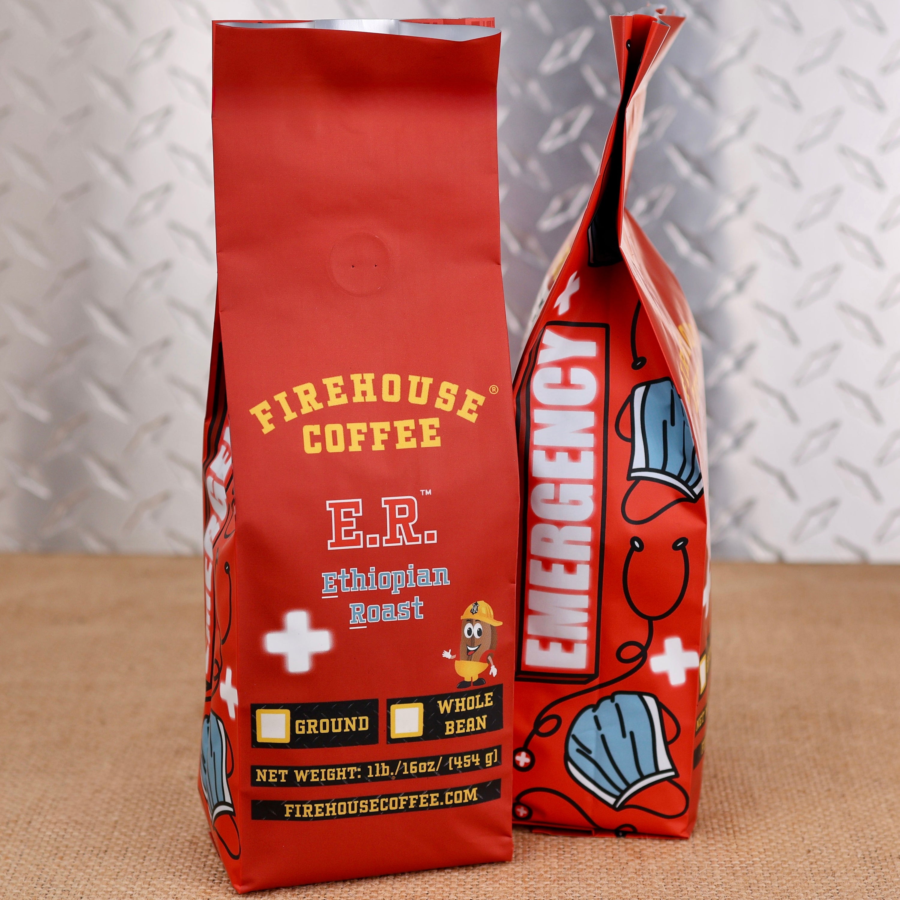 Firehouse Coffee E.R. Ethiopian medium roast coffee 1 lb bag with emergency room, stethoscope and medical-themed artwork, available ground or whole bean.