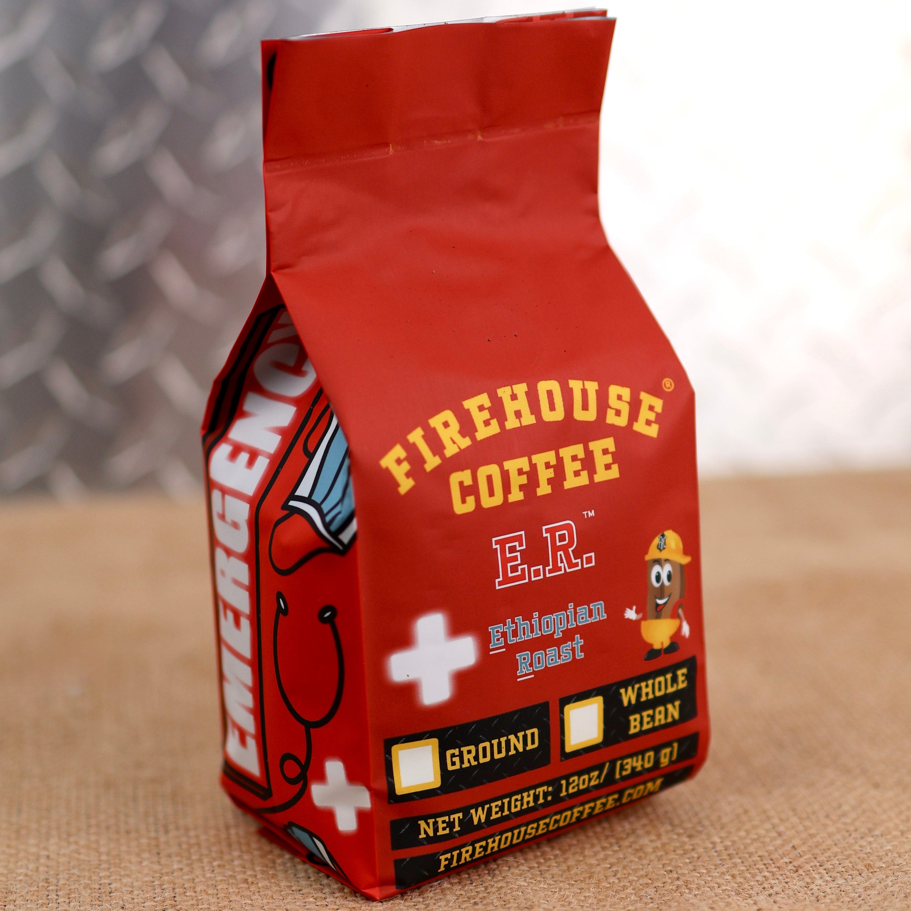 Bag of Firehouse Coffee E.R. Ethiopian Roast featuring premium Ethiopian coffee beans known for bright citrus, berry, and floral notes, available in whole bean or ground.