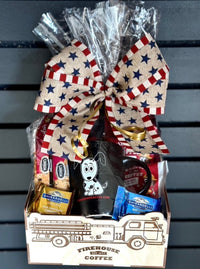Gift Basket for a Firefighter that is packed with Firehouse Coffee.