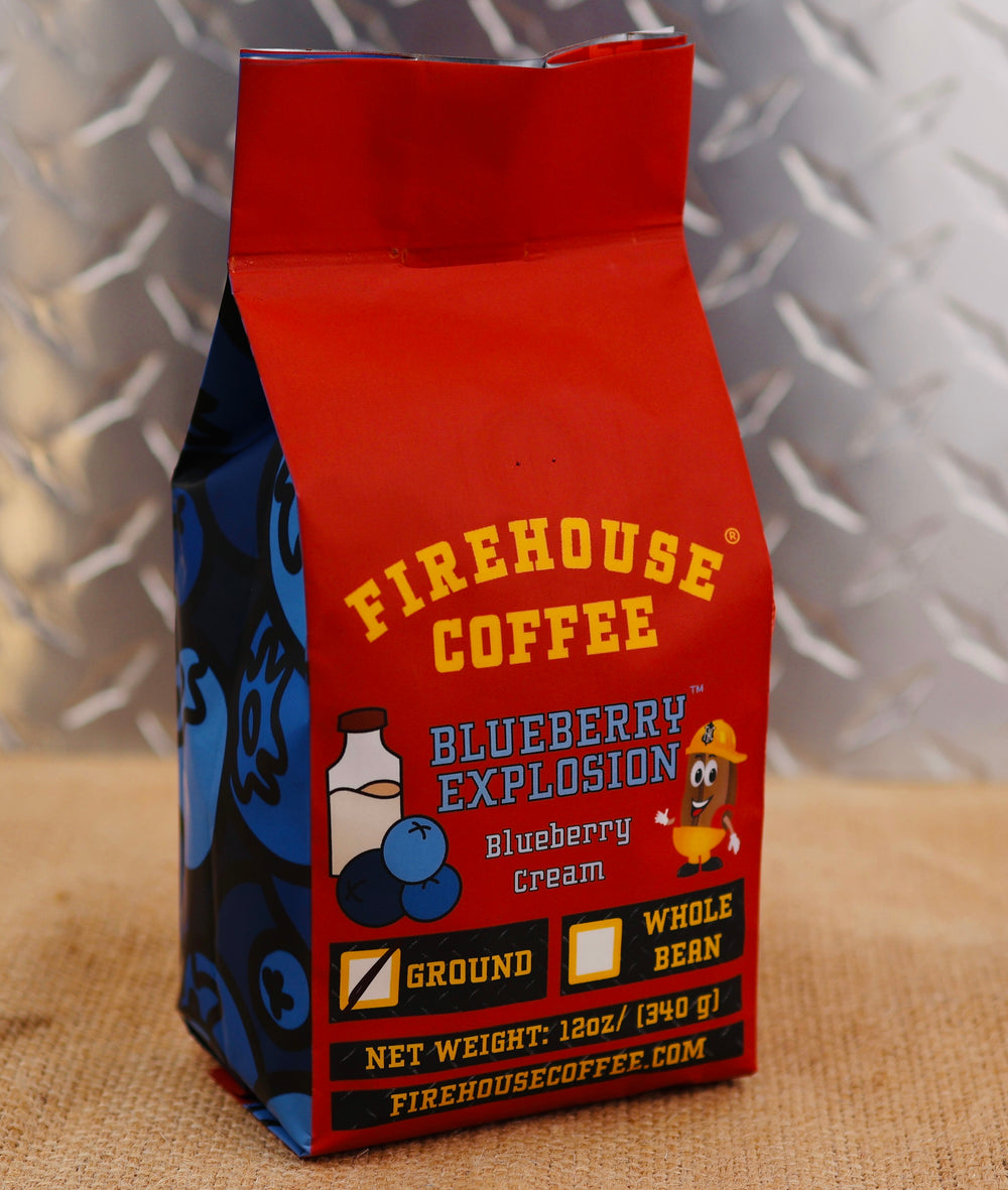 Firehouse Coffee offers this Blueberry Cream flavored coffee.  The trade name is Blueberry Explosion that is packaged in a custom coffee bag with a textured surface with a metallic background.