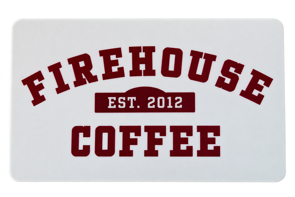 White physical Firehouse Coffee gift card with burgundy logo
