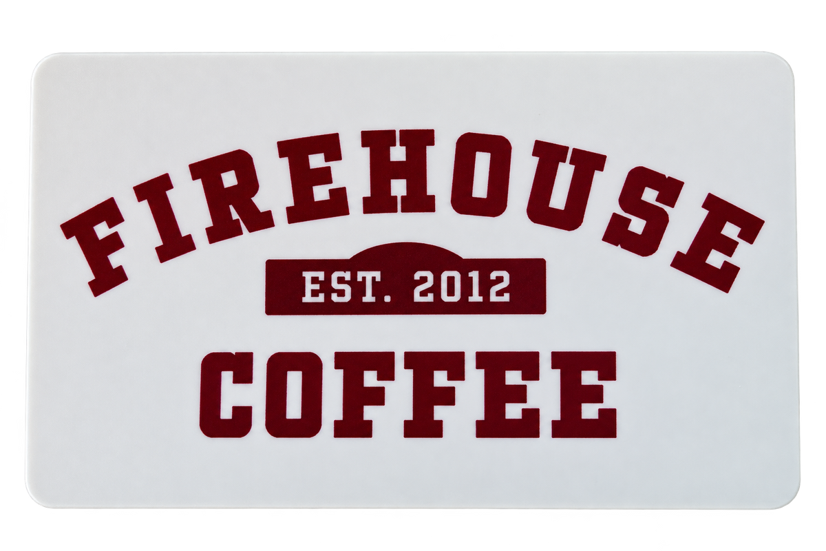 White physical Firehouse Coffee gift card with burgundy logo