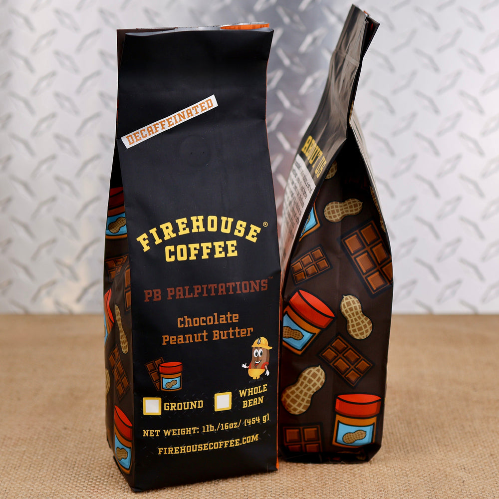 Firehouse Coffee PB Palpitations™ Chocolate Peanut Butter flavored decaf coffee in a 1 lb bag.