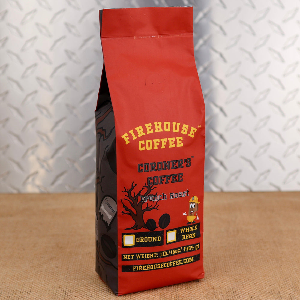 Coroner’s Coffee French Roast by Firehouse Coffee, a bold 1 lb whole bean or ground dark roast coffee in distinctive firefighter-themed red and black packaging.