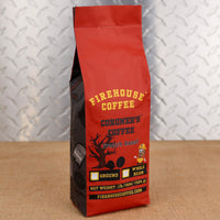 Coroner’s Coffee French Roast by Firehouse Coffee, a bold 1 lb whole bean or ground dark roast coffee in distinctive firefighter-themed red and black packaging.