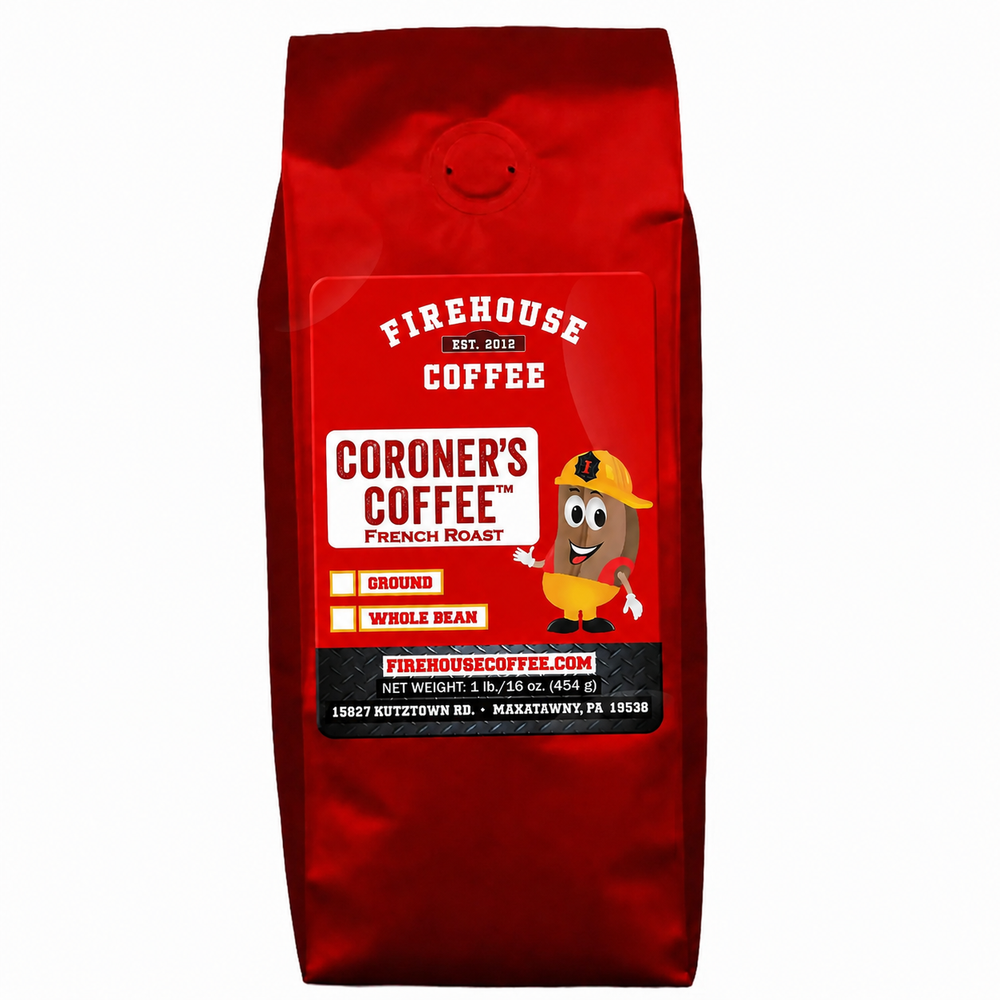 Firehouse Coffee Coroner's Blend French Roast Coffee in a matte black bag featuring a coroner-themed illustration and Firehouse Coffee branding. Available in whole bean or ground, this bold French roast offers a rich, smoky flavor with deep roasted notes and a full-bodied finish for dark roast coffee lovers.
