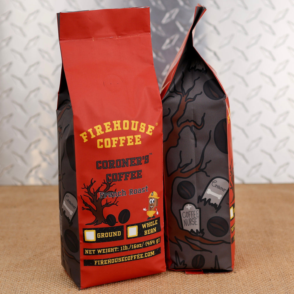 Firehouse Coffee Coroner’s Coffee French Roast 1 lb dark roast coffee bag featuring bold red and black packaging with coffee beans and graveyard-inspired artwork.