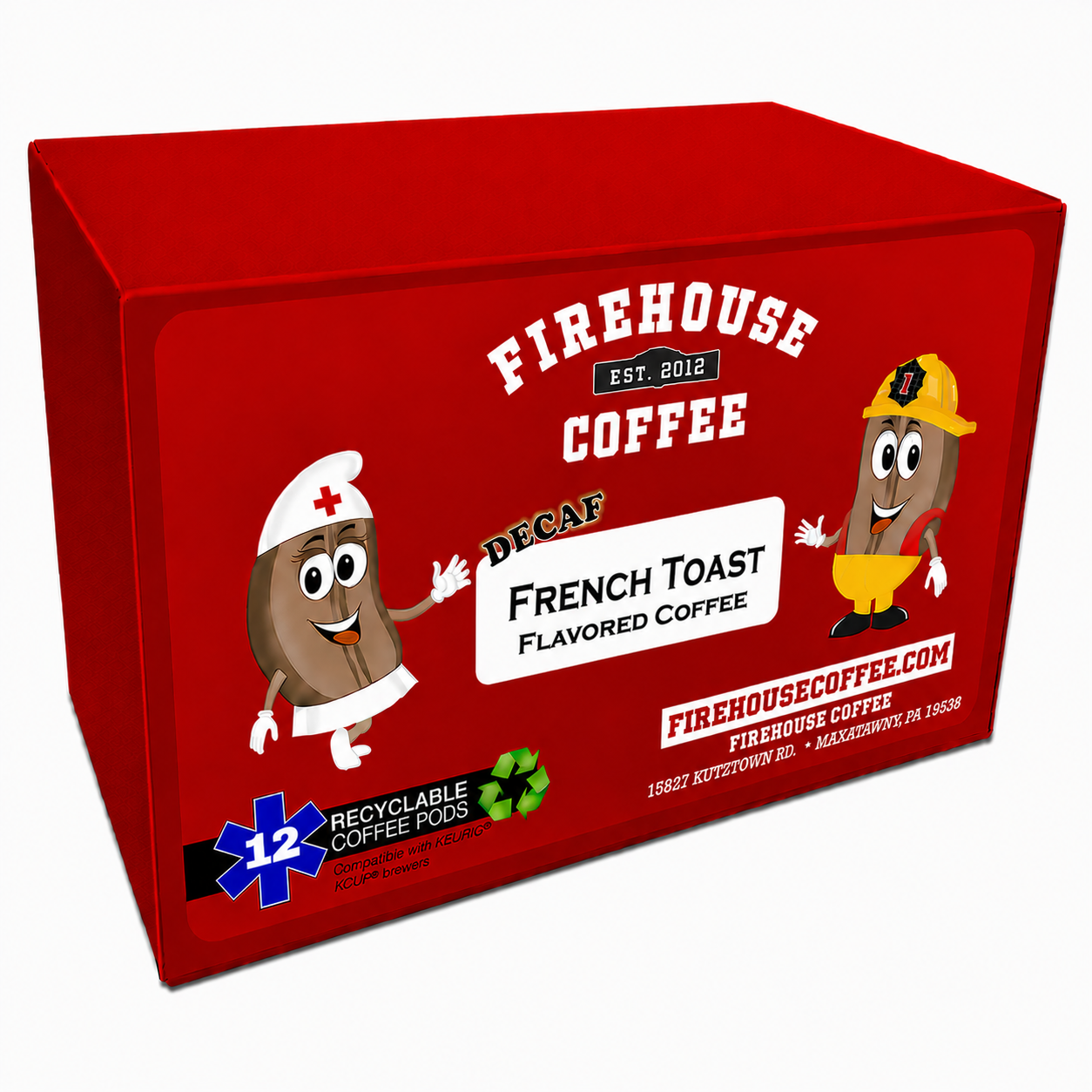 Decaf French Toast Flavored Coffee K-Cups® by Firehouse Coffee featuring Swiss Water® Process decaffeinated Arabica coffee with maple syrup, cinnamon, butter, and vanilla flavors in Keurig® compatible single-serve coffee pods.