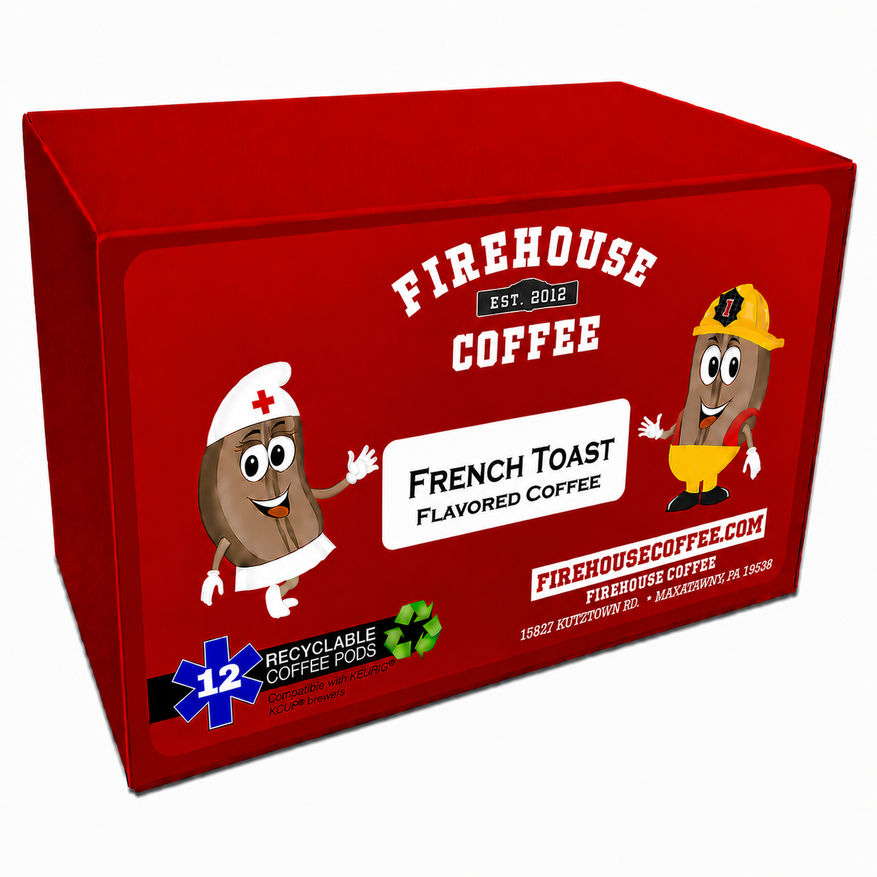 Firehouse Coffee French Toast Flavored Coffee KCups, 12-count recyclable single-serve coffee pods featuring a smooth medium roast with warm maple syrup, cinnamon, buttery French toast, and vanilla flavors compatible with Keurig-style brewers.