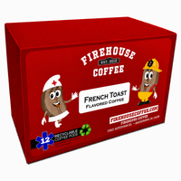 Firehouse Coffee French Toast Flavored Coffee KCups, 12-count recyclable single-serve coffee pods featuring a smooth medium roast with warm maple syrup, cinnamon, buttery French toast, and vanilla flavors compatible with Keurig-style brewers.