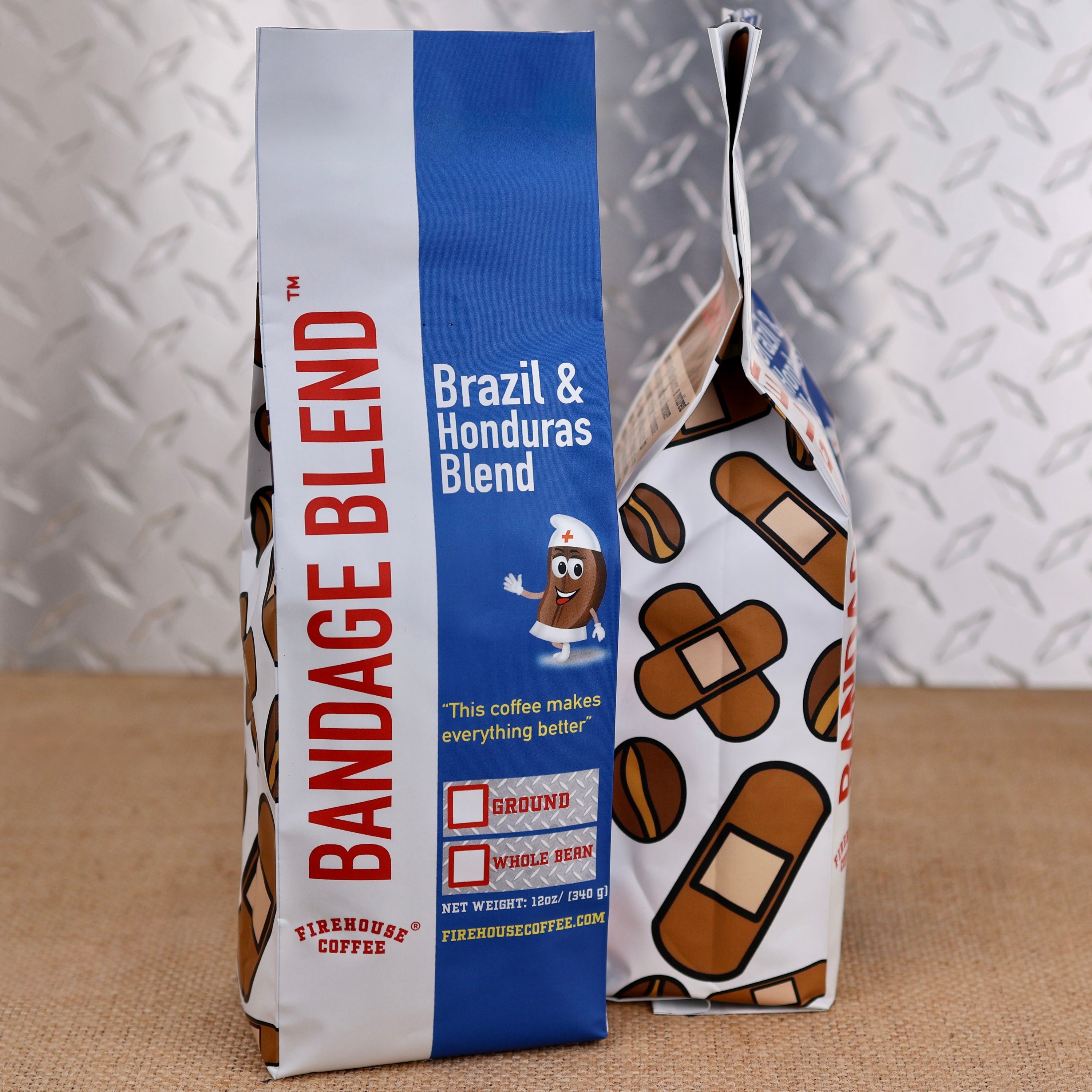 Firehouse Coffee Bandage Blend Brazil & Honduras coffee blend 12 oz bag with coffee beans and bandage artwork, available ground or whole bean.