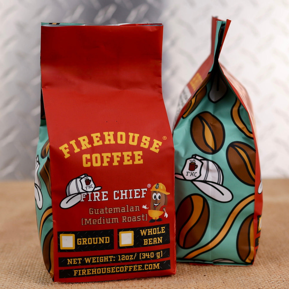Firehouse Guatemalan Medium Roast Coffee – Fire Chief Coffee in whole bean or ground. Fresh-roasted specialty Guatemalan coffee with smooth flavor, medium body, chocolate notes, and bright acidity in a 12 oz coffee bag.