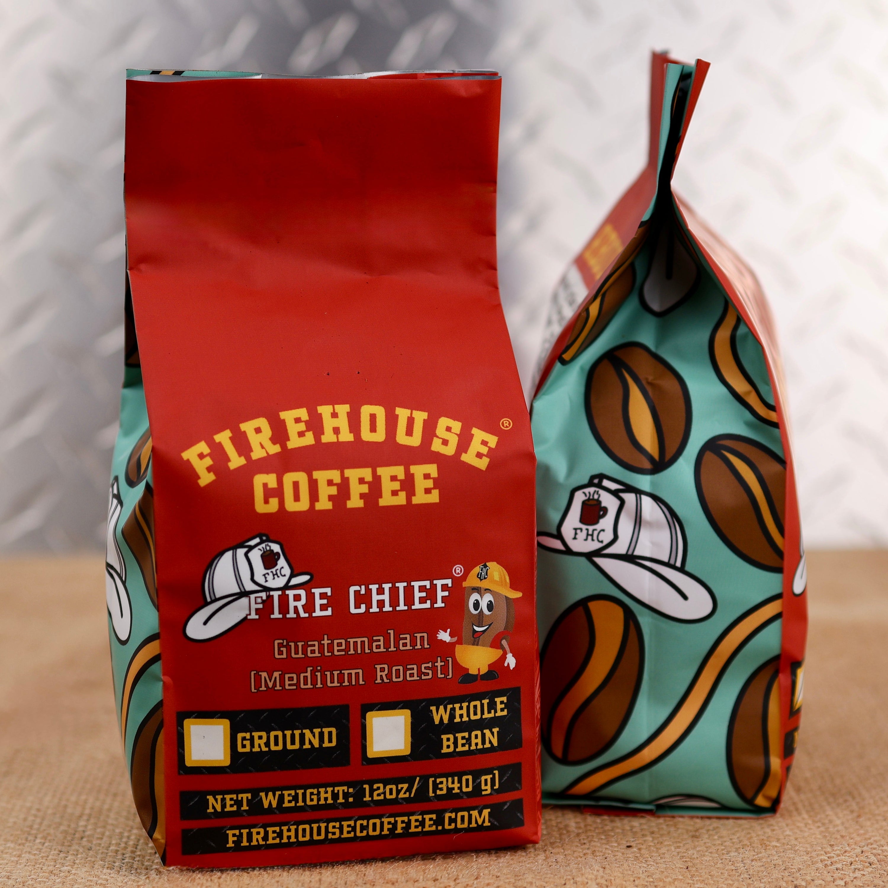 Firehouse Guatemalan Medium Roast Coffee – Fire Chief Coffee in whole bean or ground. Fresh-roasted specialty Guatemalan coffee with smooth flavor, medium body, chocolate notes, and bright acidity in a 12 oz coffee bag.