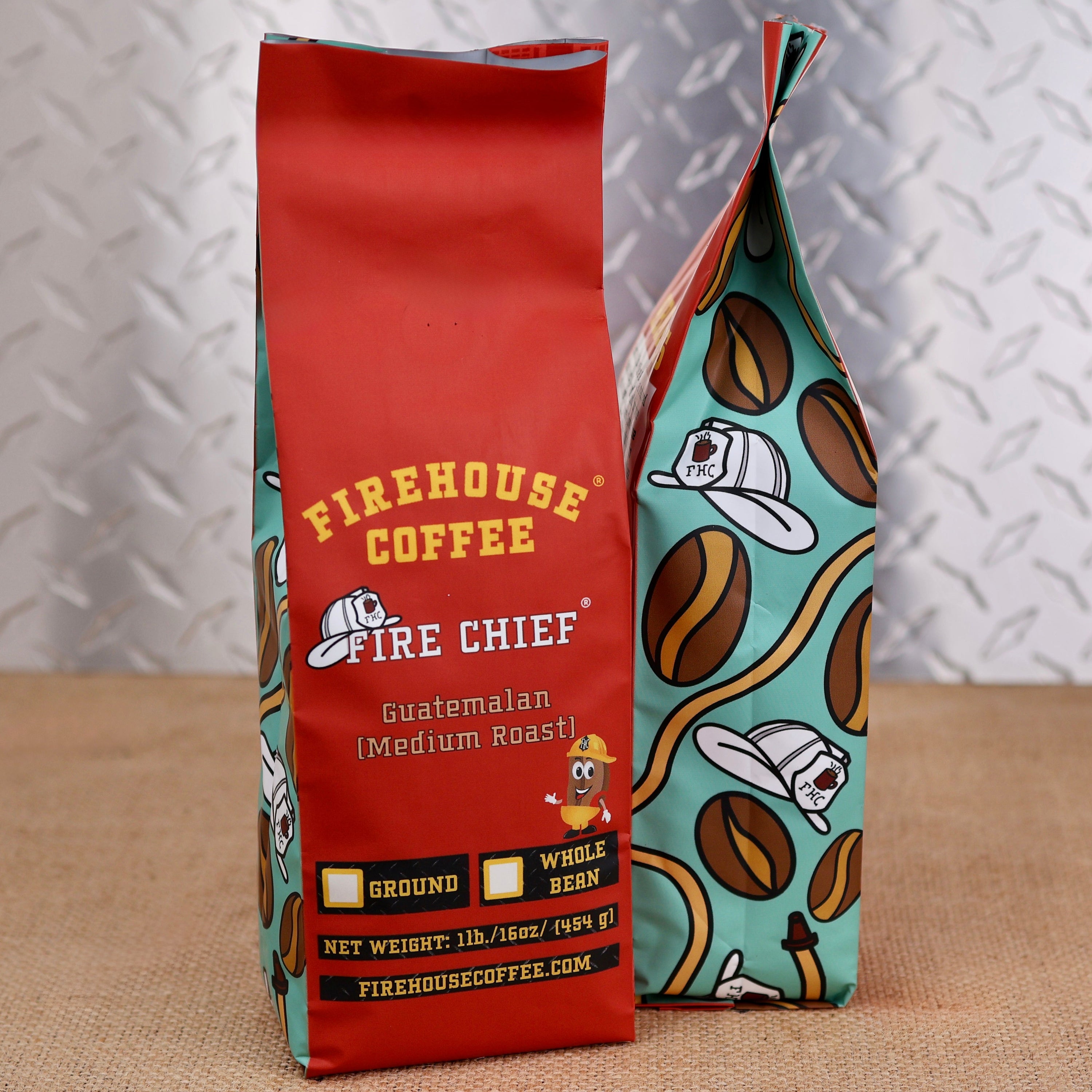 Firehouse Coffee Fire Chief Guatemalan medium roast coffee 1 lb bag with fire chief helmet and coffee bean artwork, available ground or whole bean.