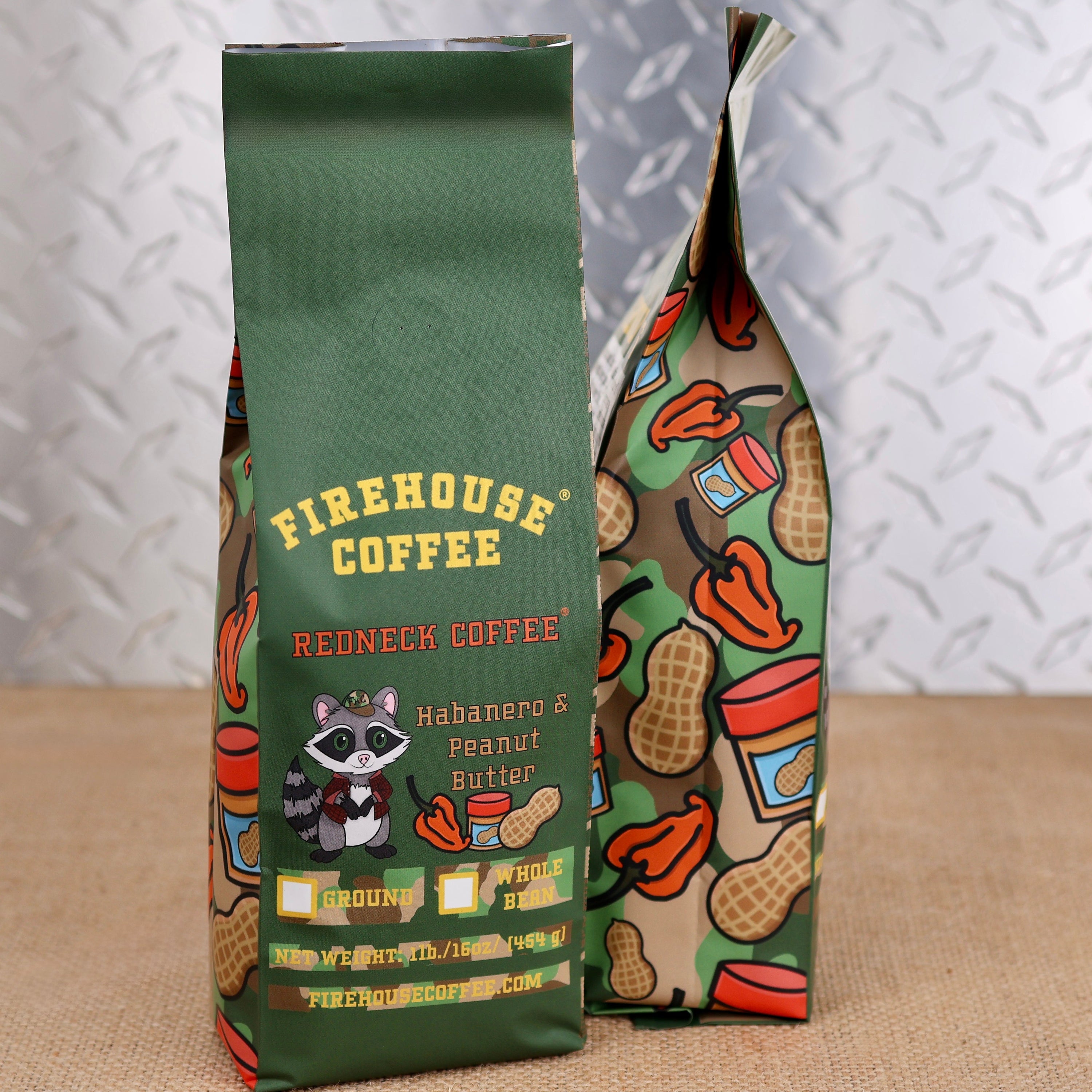 Firehouse Coffee Redneck Coffee peanut butter and habanero flavored coffee 1 lb bag, sweet peanut butter flavor with a spicy habanero kick, available ground or whole bean