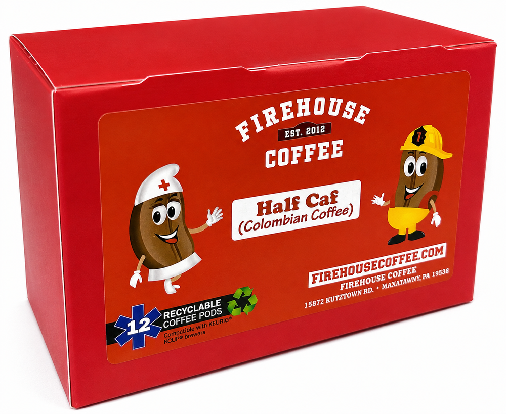 Firehouse Coffee Colombian Half Caff Coffee K-Cups 12-count featuring fresh roasted Colombian Arabica coffee blended with Swiss Water Process decaf for approximately half the caffeine.