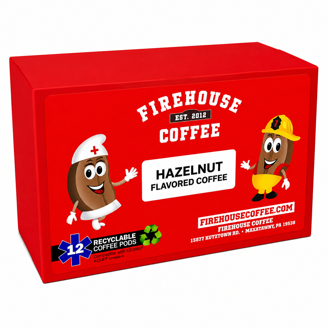Firehouse Coffee Hazelnut Flavored Coffee K-Cups, 12-count recyclable single-serve coffee pods featuring smooth roasted coffee with rich hazelnut flavor, compatible with Keurig® brewers, displayed in Firehouse Coffee's signature red box with firefighter and nurse bean characters.
