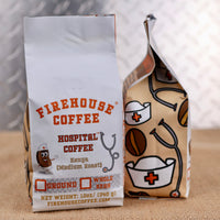 Firehouse Hospital Coffee Kenya Medium Roast whole bean or ground coffee. Premium Kenyan coffee freshly roasted with vibrant fruit notes, balanced acidity, rich body, and a smooth finish in a 12 oz bag.
