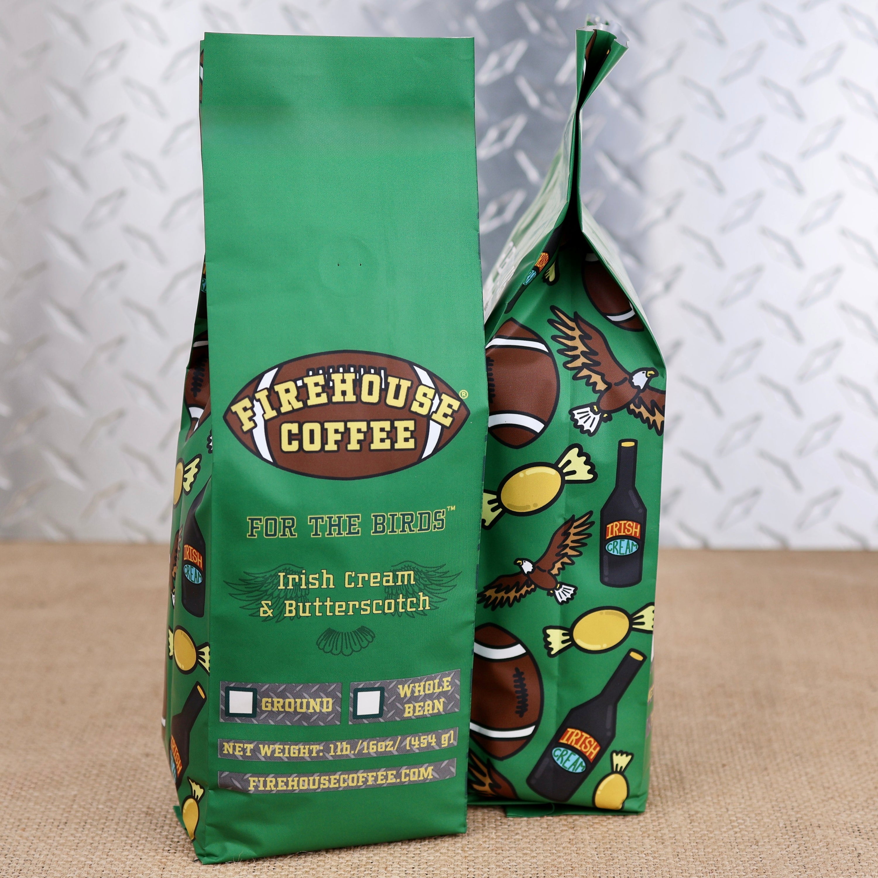 1 lb For the Birds Irish Cream and Butterscotch Flavored Coffee bag with whole bean and ground options by Firehouse Coffee